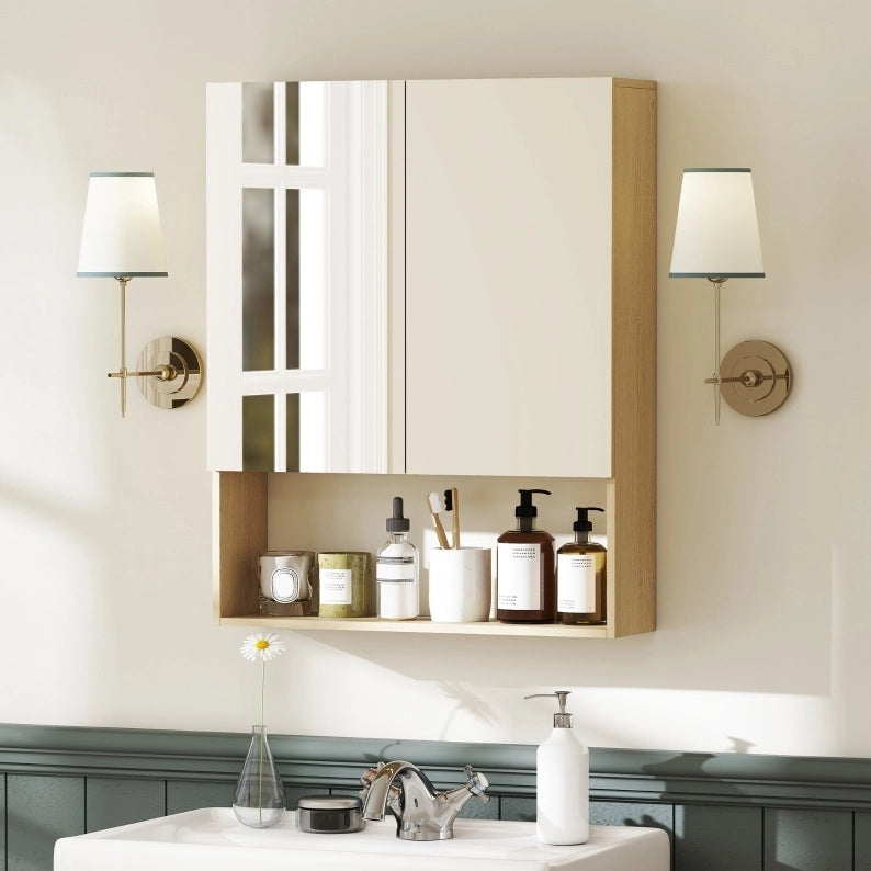 Armadio bagno con specchi doppi, ripiano aperto, montaggio a parete in MDF effetto quercia, 60x16,6x75 cm