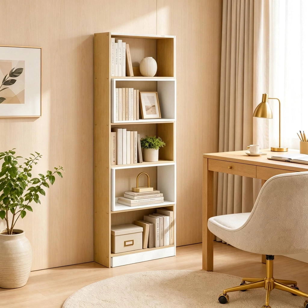 Libreria 111.5x23.8x163.7 cm trasformabile in truciolare naturale e bianco