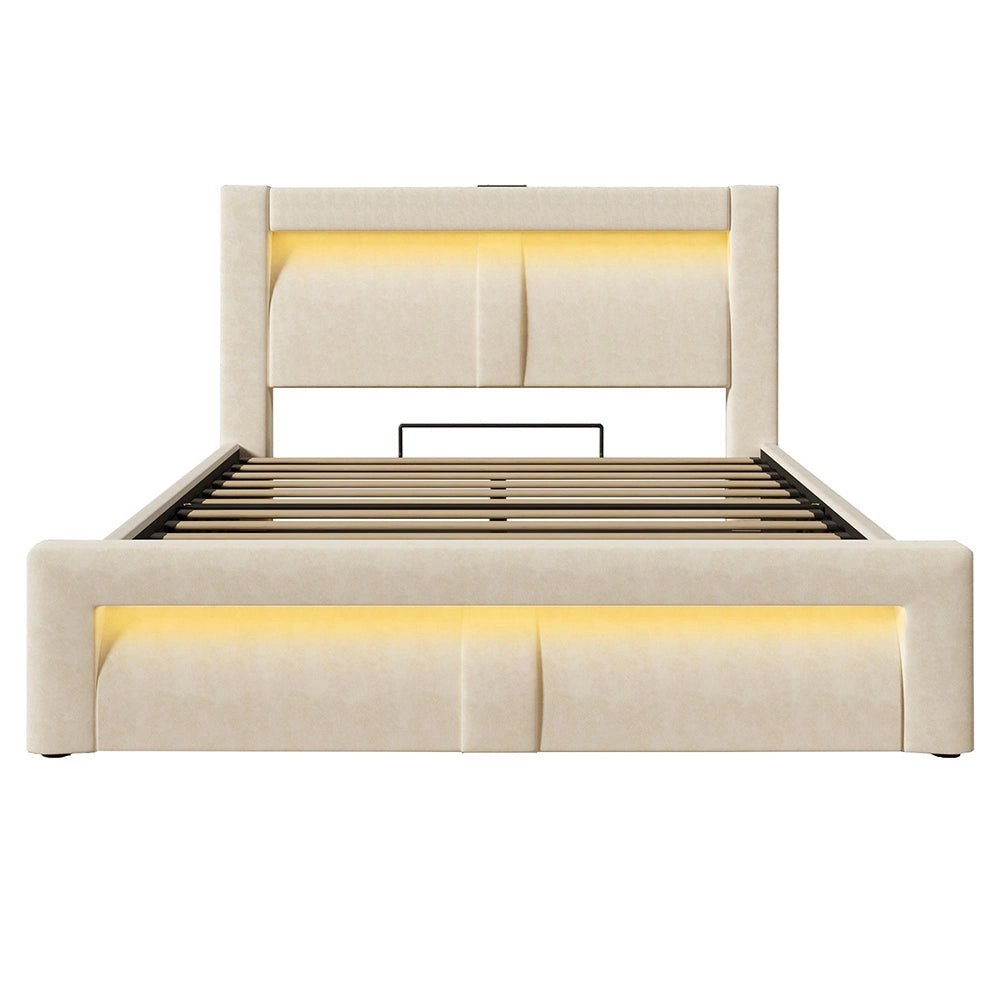 Letto matrimoniale-Xylo-160x200cm idraulico LED USB-C velluto beige