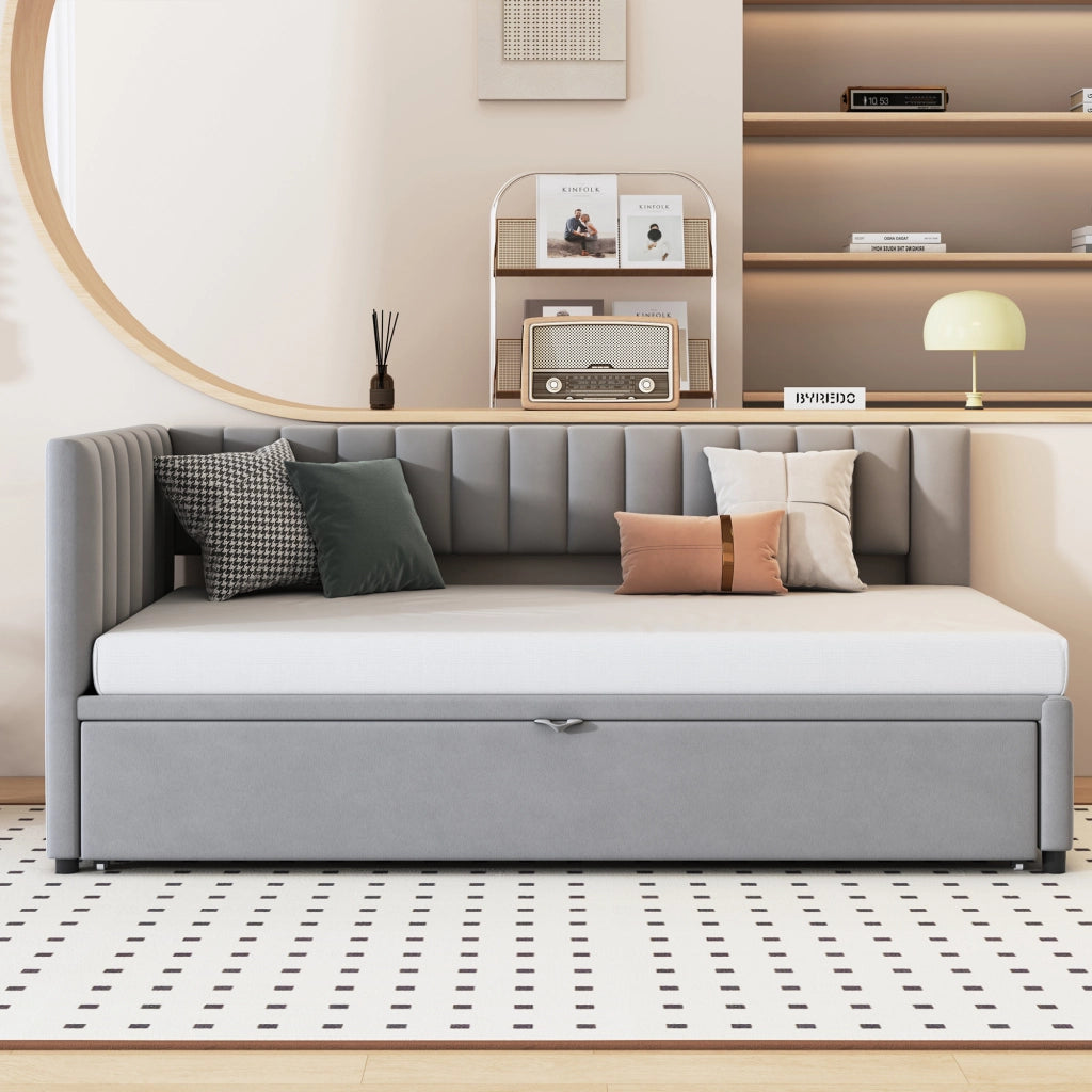 Divano letto 90 × 200 cm con letto estraibile a L rivestito in velluto grigio con schienale e testiera