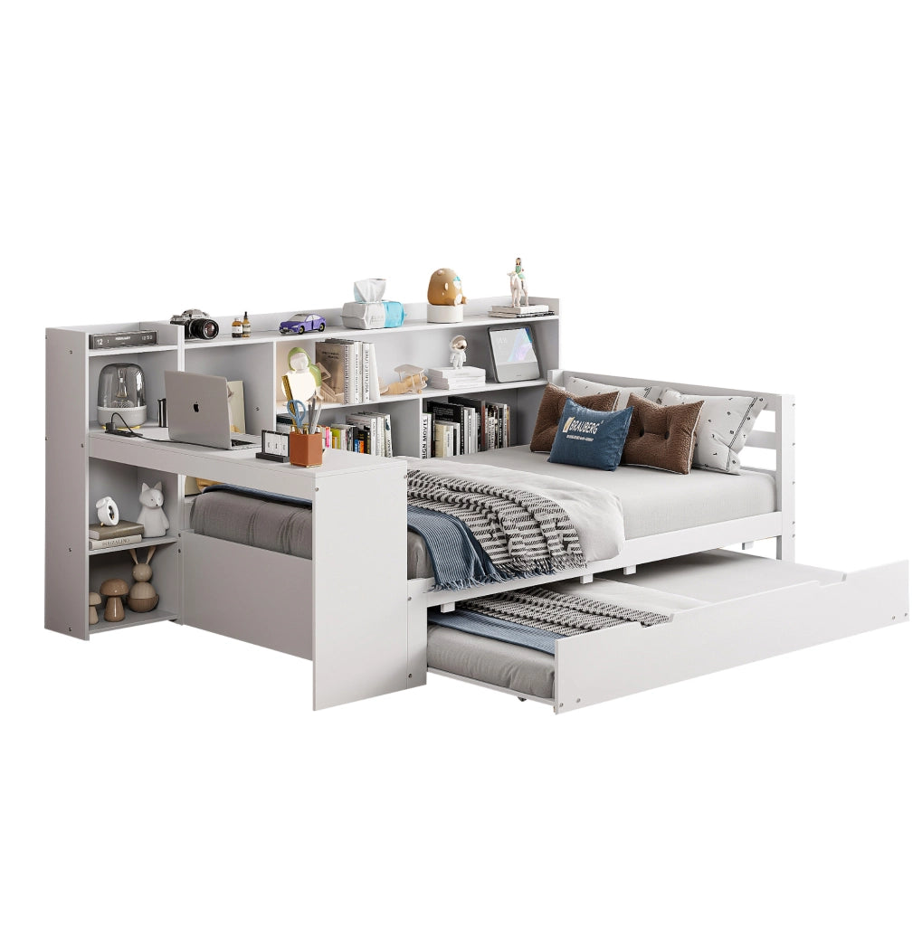 Letto multifunzionale 90x200 cm con letto estraibile; scrivania e scaffali; bianco