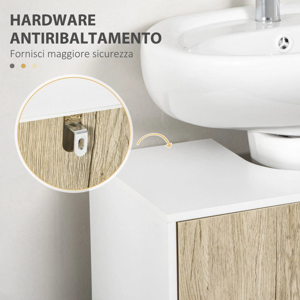 Mobile Bagno Sotto Lavabo 2 Ante con Ripiano in Truciolato e Acciaio ¨C Minimal ¨C Bianco Rovere 60x30x60 cm