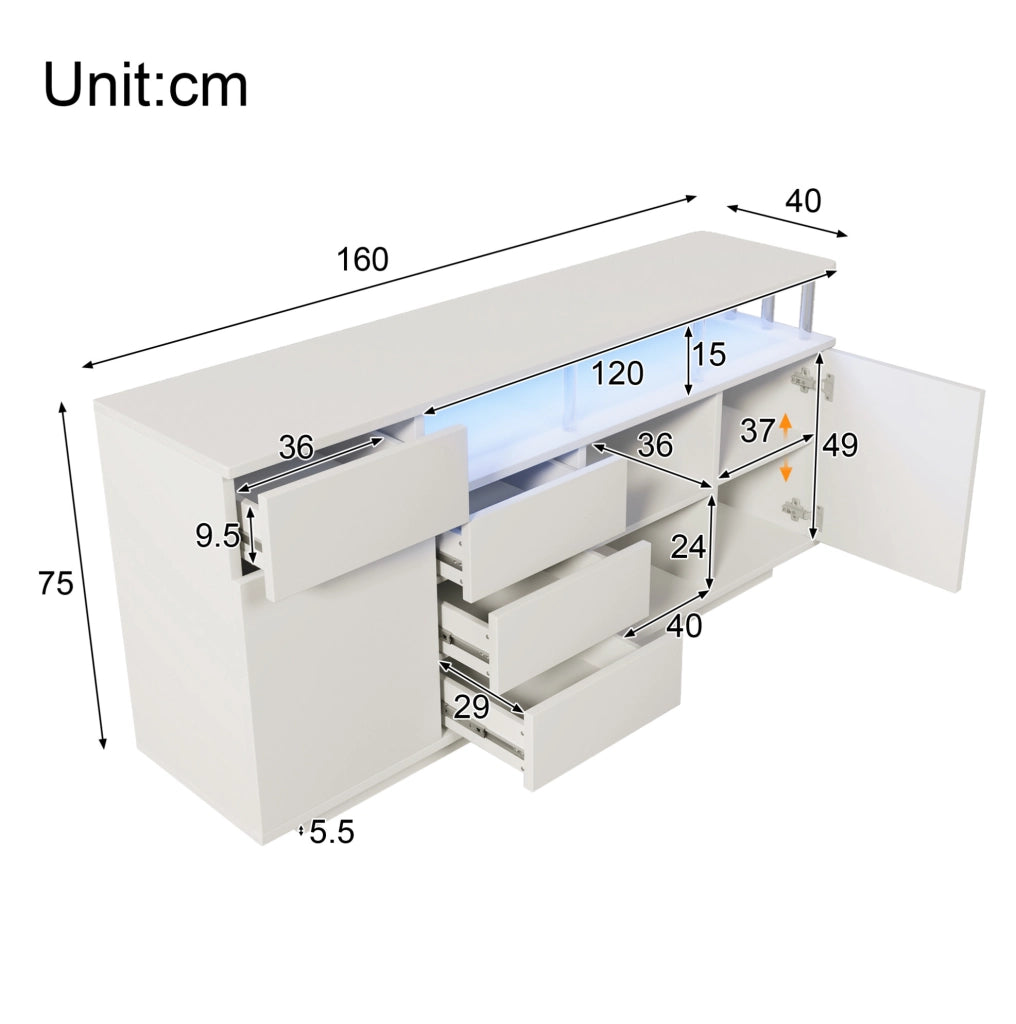Credenza 160x40x75 cm bianca in MDF con LED, 4 cassetti e 2 ante HAVRYA