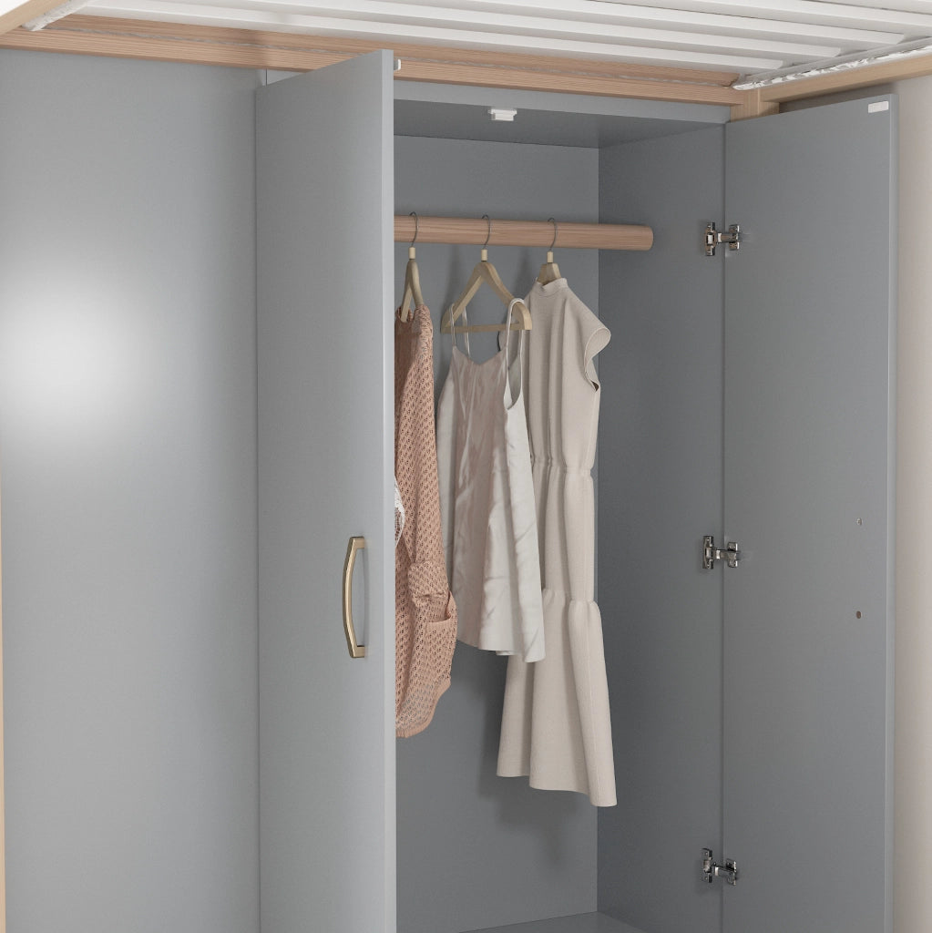 Letto a soppalco 90x200 cm con armadio e scale, grigio