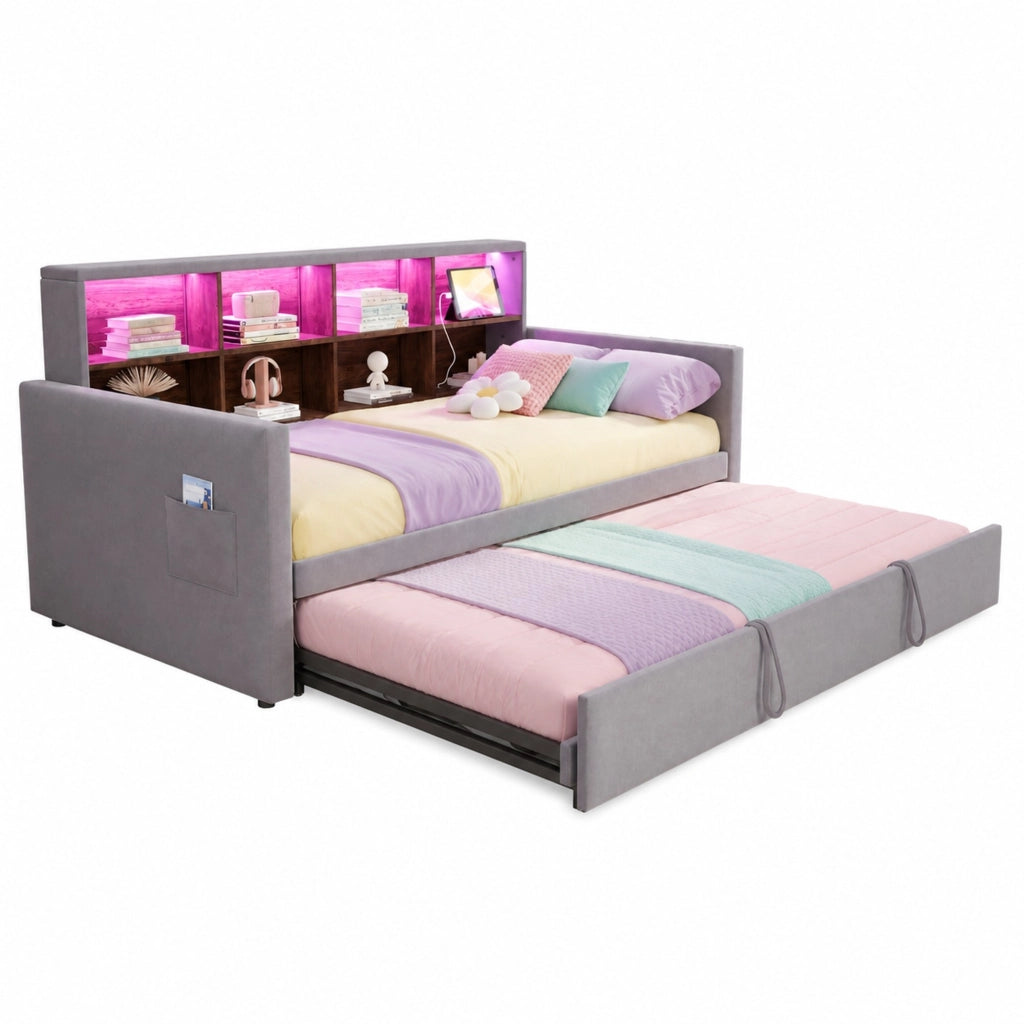 Letto singolo imbottito estraibile in velluto grigio con testiera contenitore LED prese e rete a doghe