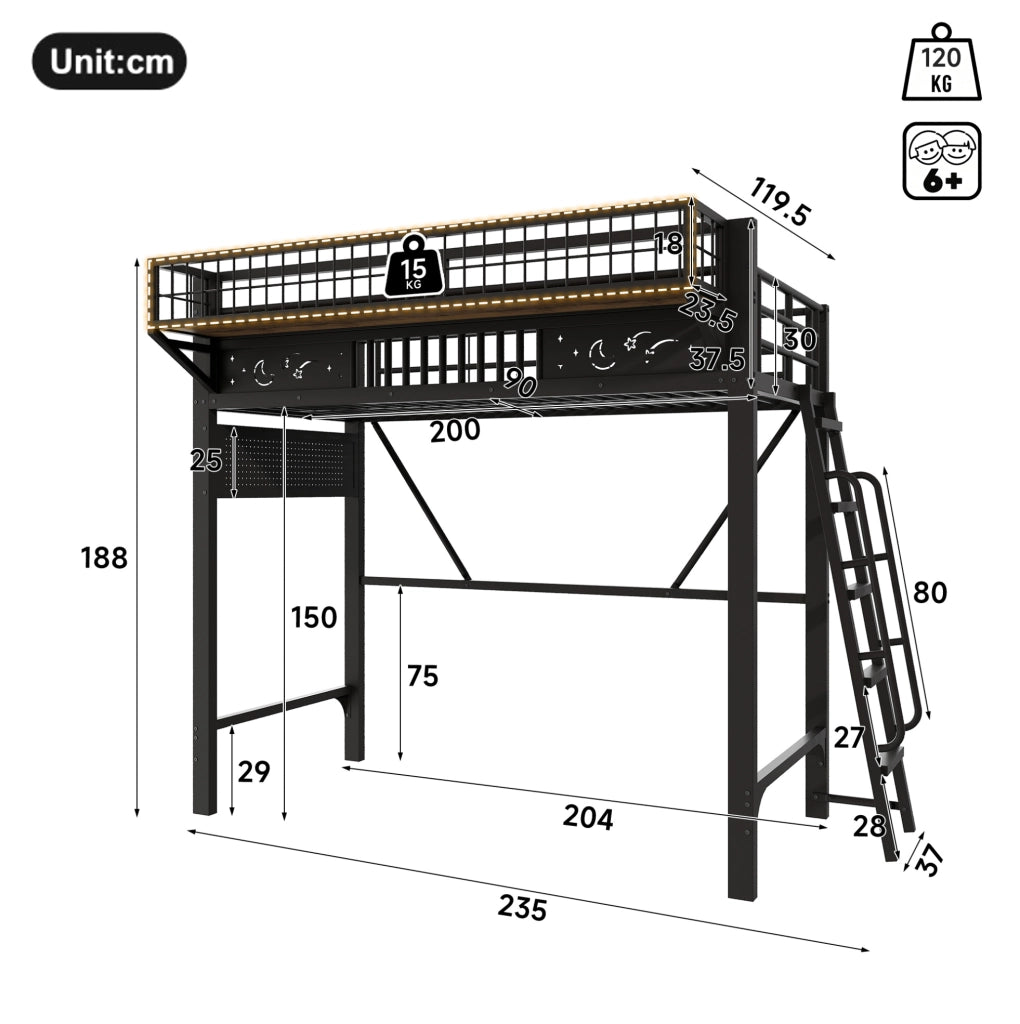 Letto a soppalco in metallo 90 x 200 cm con vani portaoggetti; nero