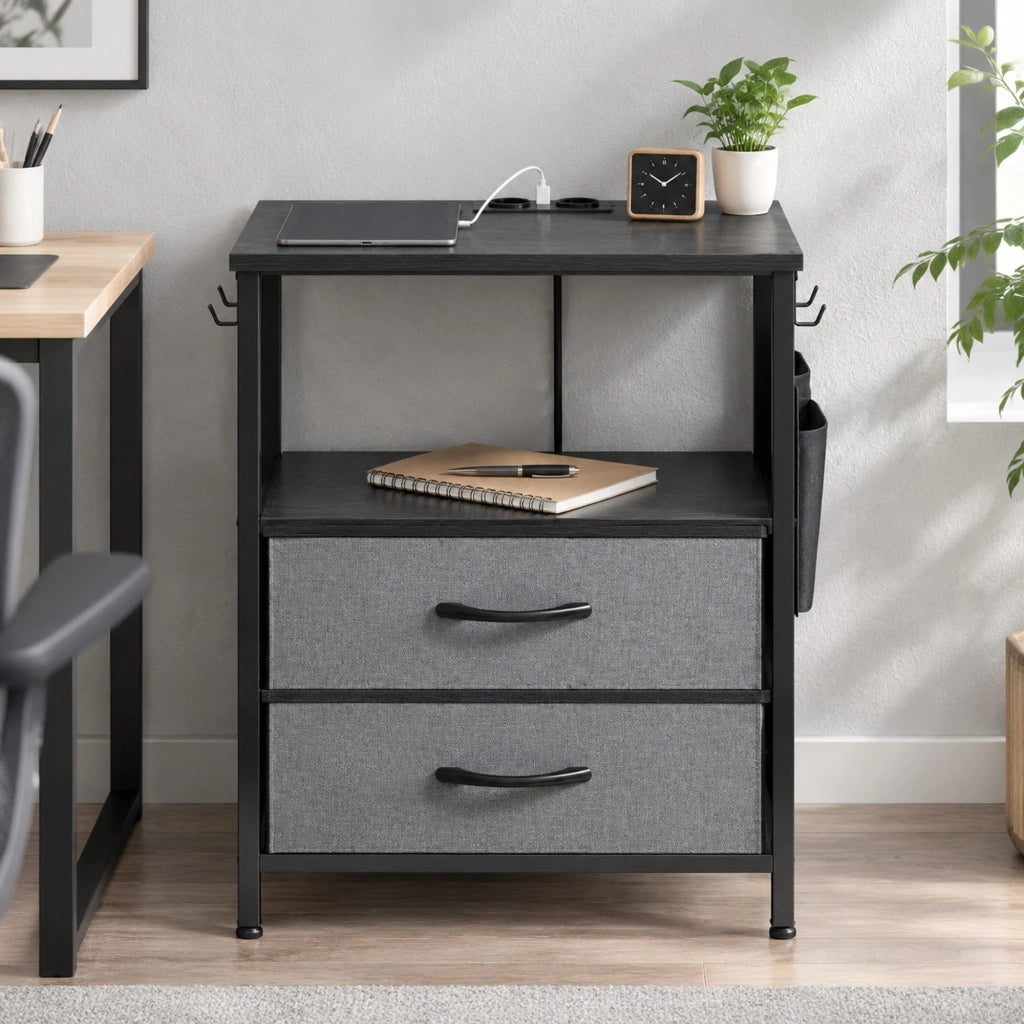 Tavolino laterale 40x30x60 cm con prese AC, USB-A, USB-C e 2 cassetti nero