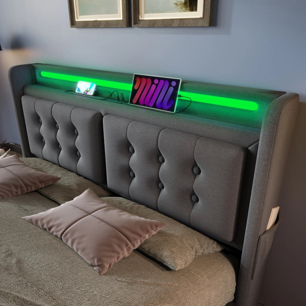 Letto con Cassetti 180 x 200 cm; Letto Matrimoniale - LED; USB e Type-C - Grigio
