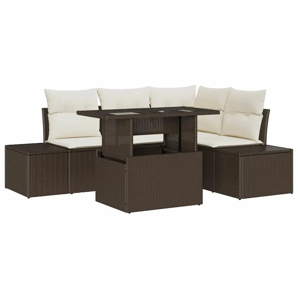 Set Divano da Giardino con cuscino 5 pcs Marrone polyrattan