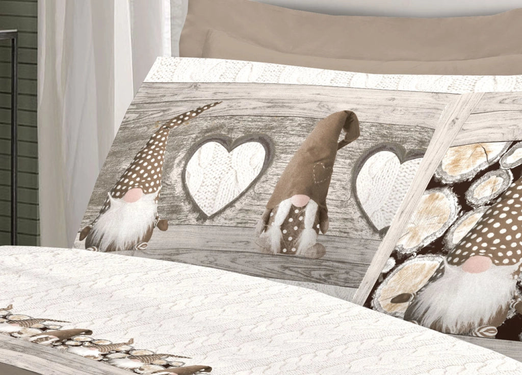 Completo Lenzuola Linea Pensieri Delicati 100% Cotone Disegno Gnomi - Piazza E Mezza - Beige