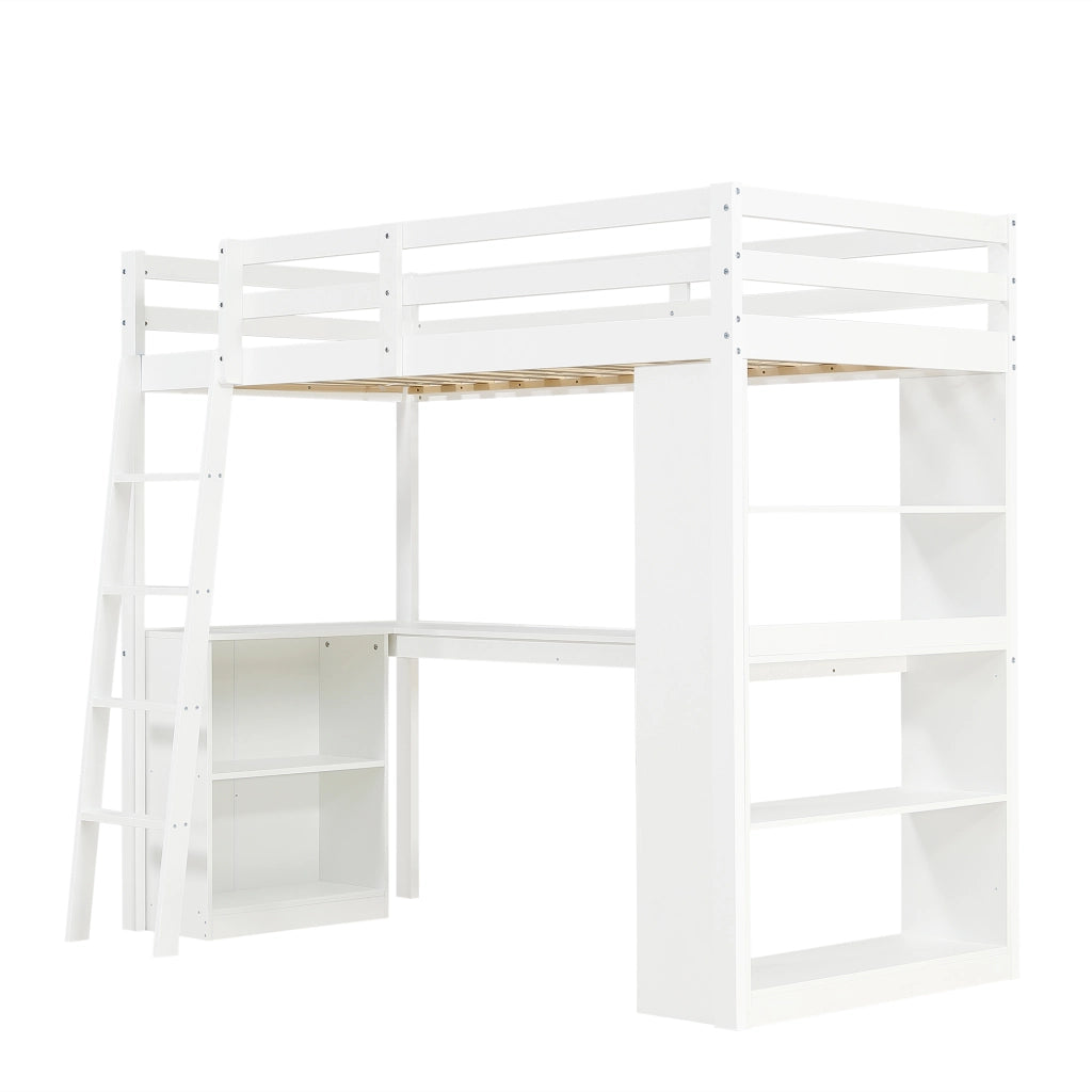 Letto a soppalco 90x200 cm bianco con ripiani; tasche in feltro e scala inclinata