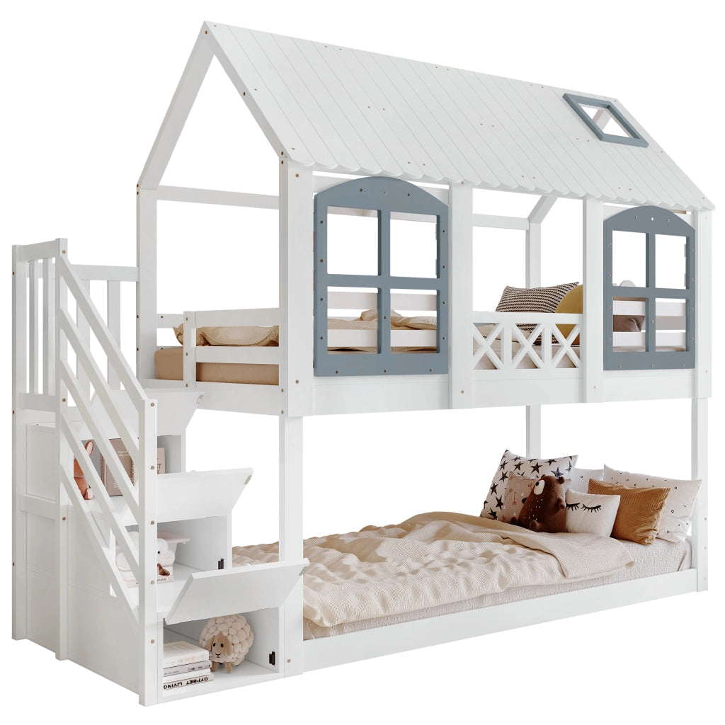Letto a castello per bambini 90x200 cm in pino e MDF; a casetta con tetto; finestre e scala contenitore; bianco e grigio