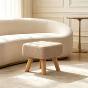 Pouf quadrato imbottito in lino beige, seduta 27x27x26 cm, con gambe in legno di gomma anti-scivolo