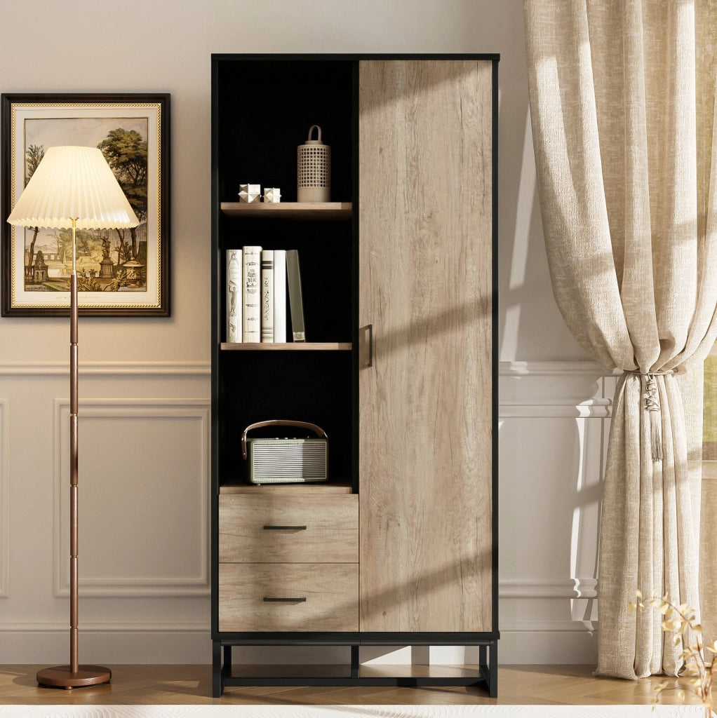 Mobile Highboard 80x40x180 cm in Legno Chiaro con Struttura Nera, 1 Porta, 2 Cassetti e 3 Ripiani Aperti