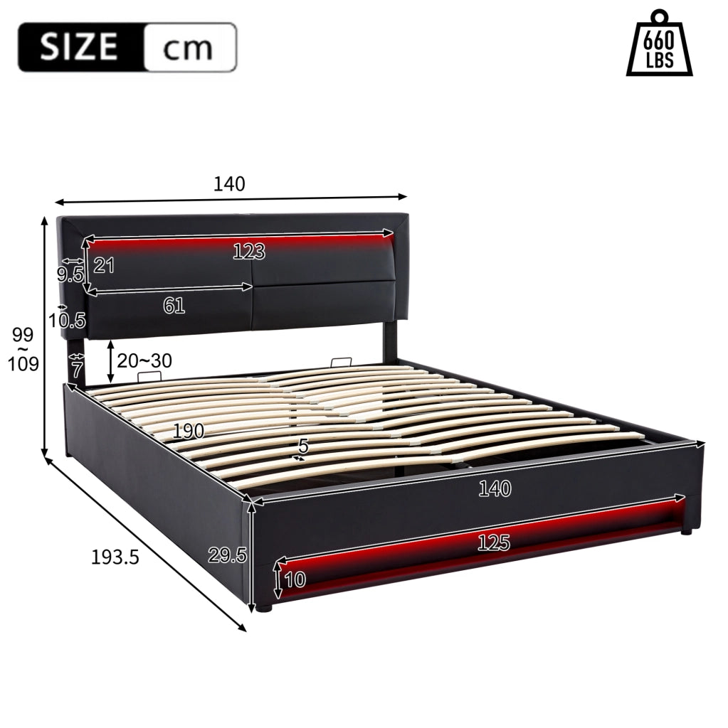 Letto imbottito 140x190 cm con LED, USB e ricarica wireless