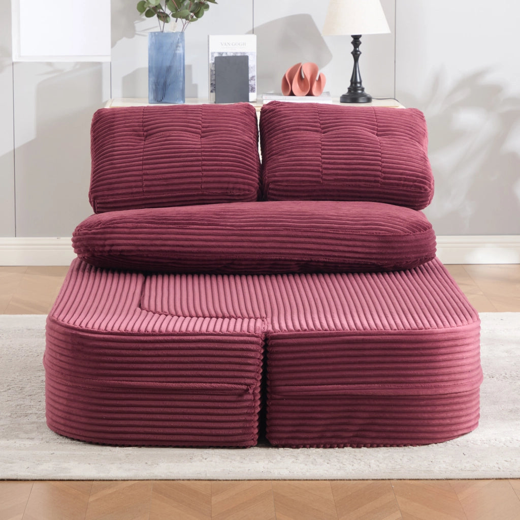 Poltrona letto 2-in-1 in velluto a coste, divano convertibile con braccioli regolabili e doppio porta bevande, colore vino