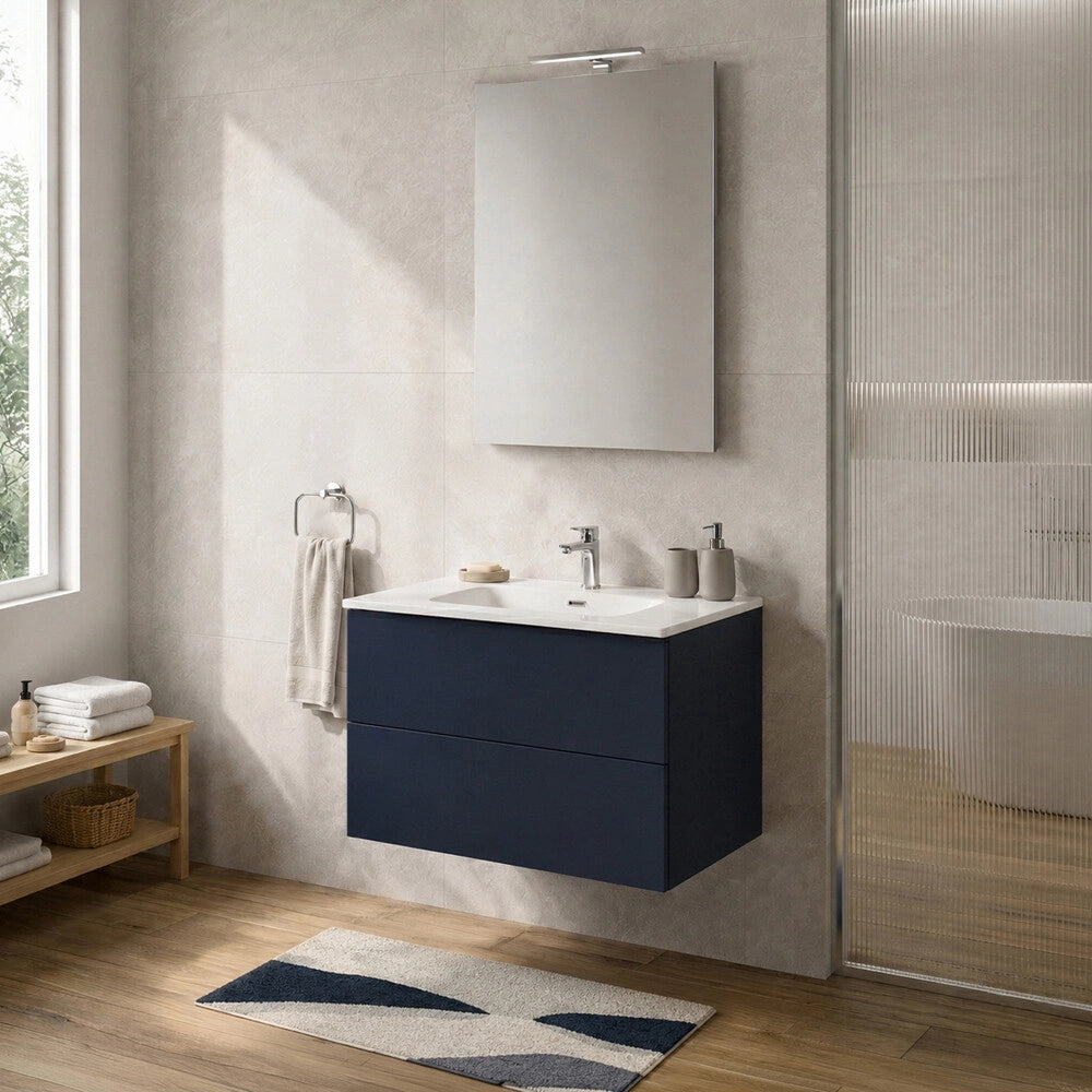 Mobile bagno sospeso 70 cm blu due cassetti push-pull e lavabo Tierra
