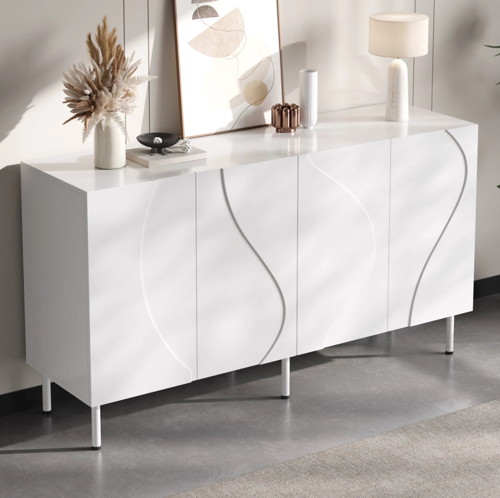 Sideboard moderno 140x40x77;5 cm con 4 ante; push-to-open; MDF e PB; bianco