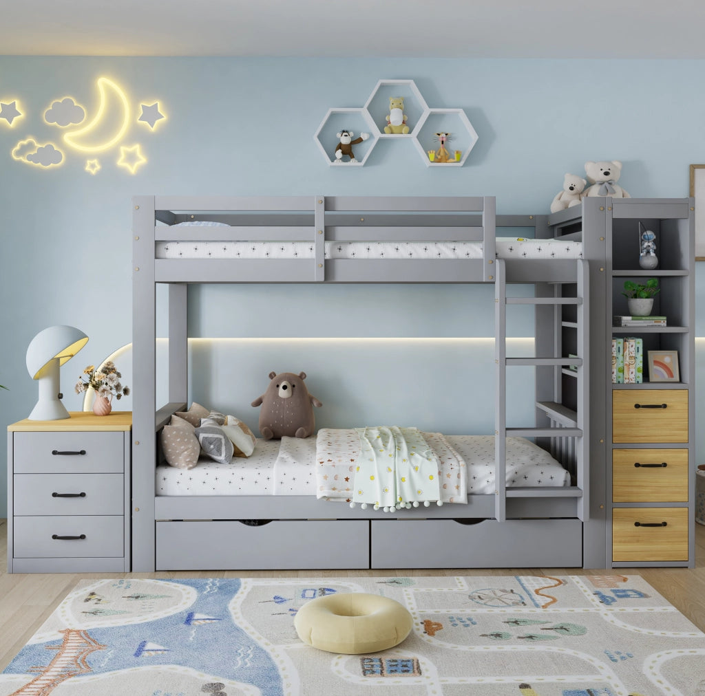 LETTO A CASTELLO 90x200 cm Legno Grigio con Cassetti e Comodino