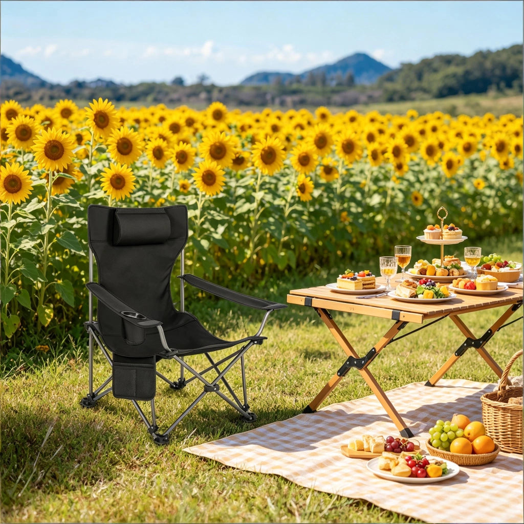 Sedia pieghevole da campeggio con poggiapiedi estraibile; 115x84x88;5 cm; nero