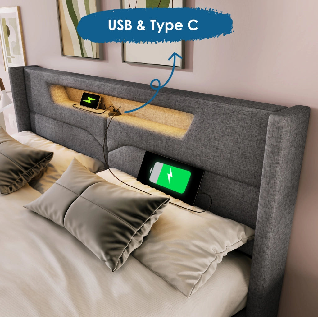 Letto imbottito con contenitore LED, ricarica USB e Tipo C 140 x 200 cm