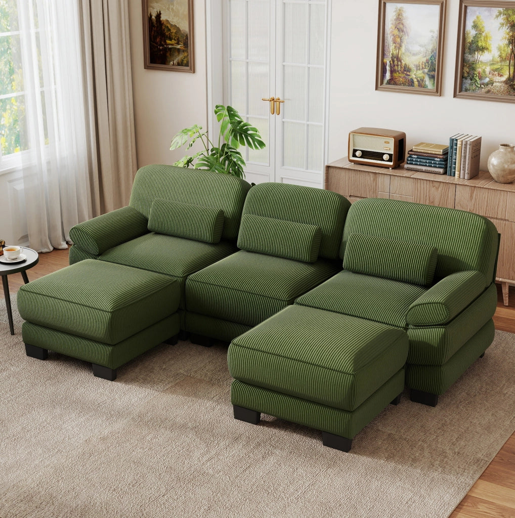 Divano modulare a U 3 posti 265x161x94 cm con pouf in velluto a coste verde