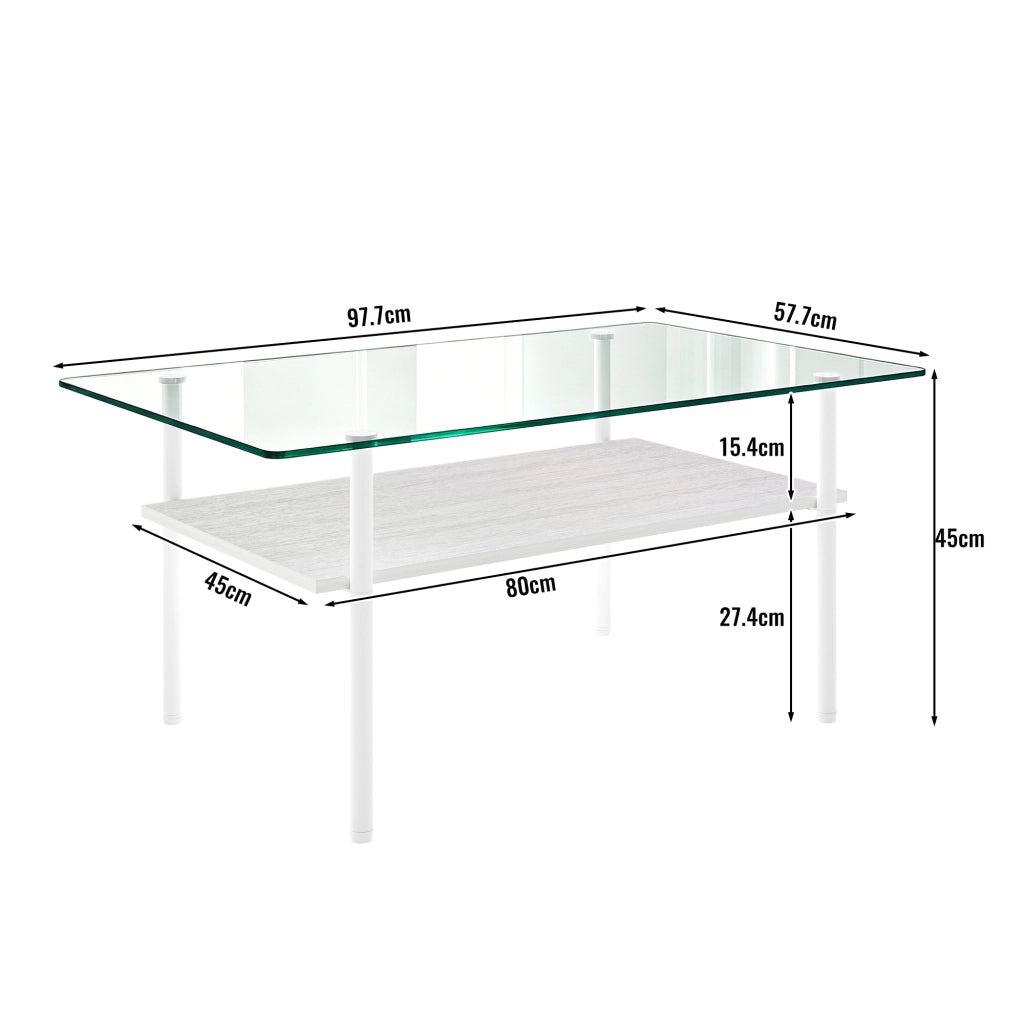 Tavolino basso fisso con piano in vetro temprato; ripiano in MDF e struttura in metallo bianco per soggiorno