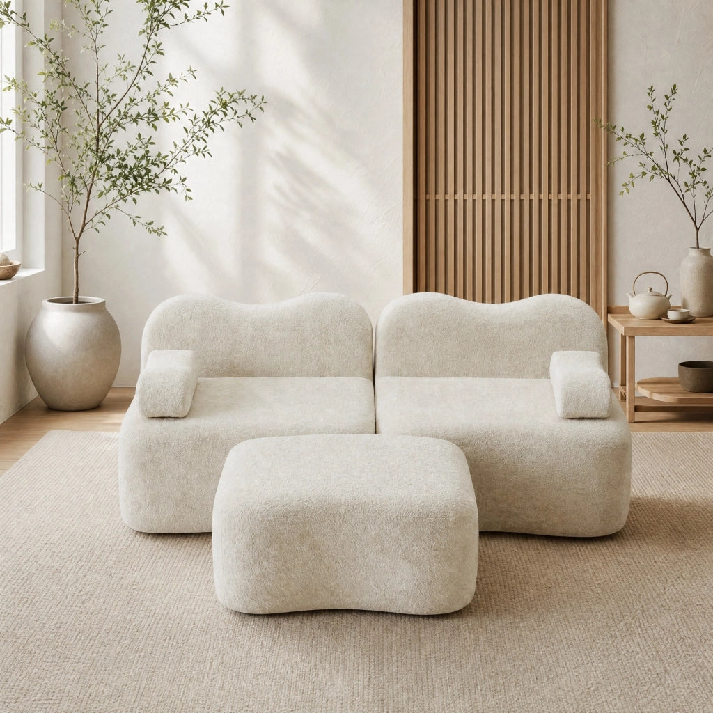 Divano modulare angolare ULEVR 2 posti con pouf, forma ondulata e rivestimento in velluto beige