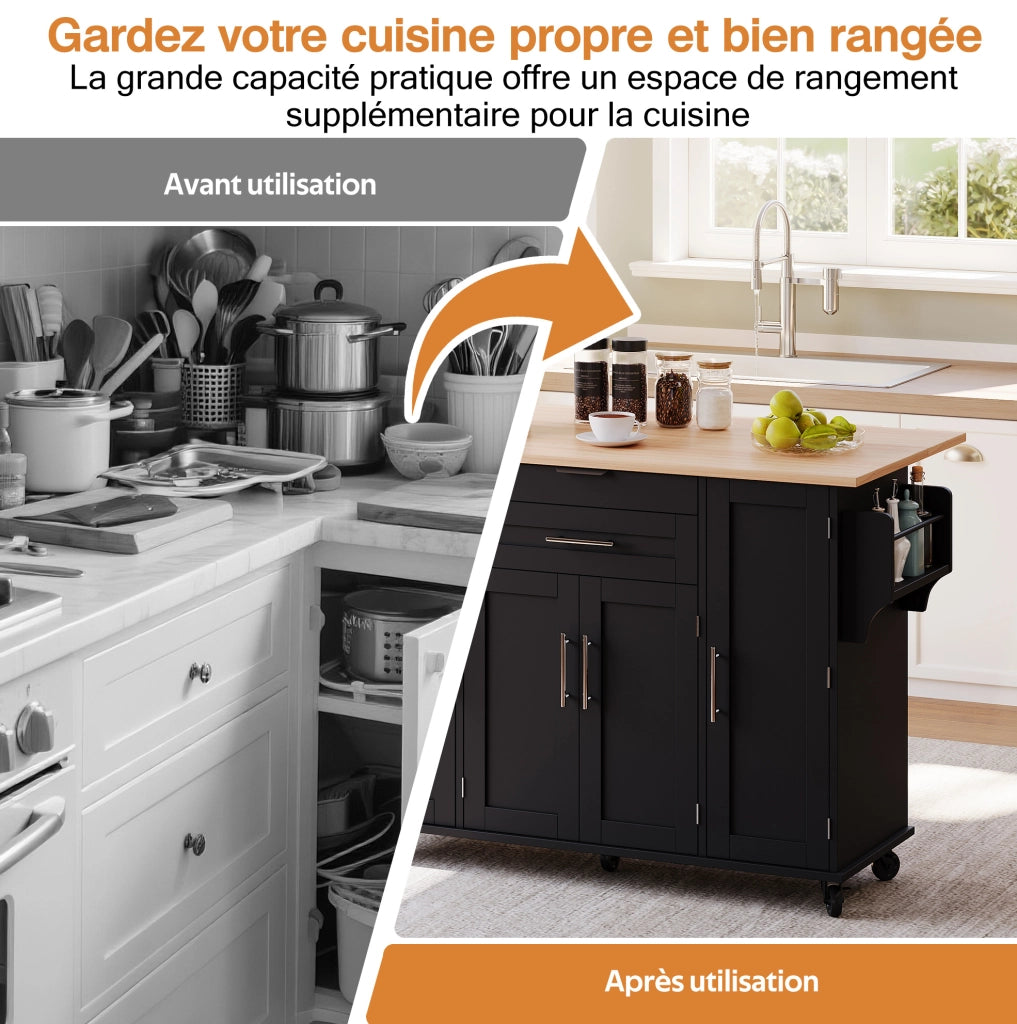 Carrello da cucina 120x45 cm con piano estensibile; MDF nero e naturale
