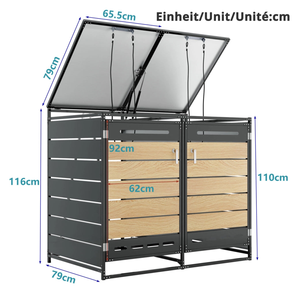 Cassonetto porta bidoni 2 scomparti in ferro con rivestimento effetto legno e coperchio idraulico, chiusura sicura, ventilazione anti odori