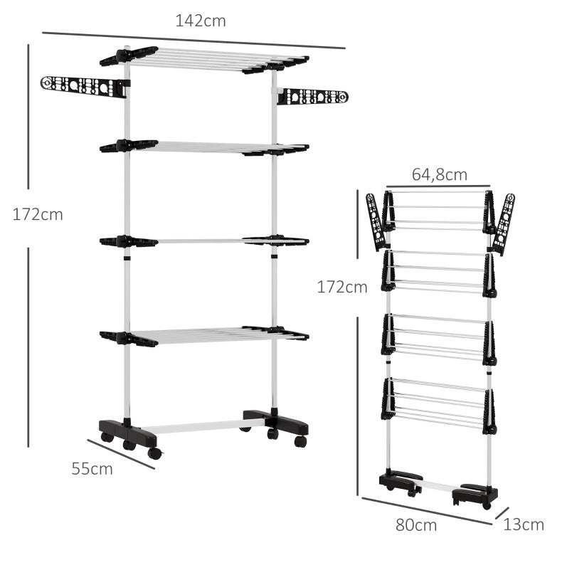 Stendibiancheria pieghevole a 5 livelli con ruote, 142x55x172 cm, nero e argento