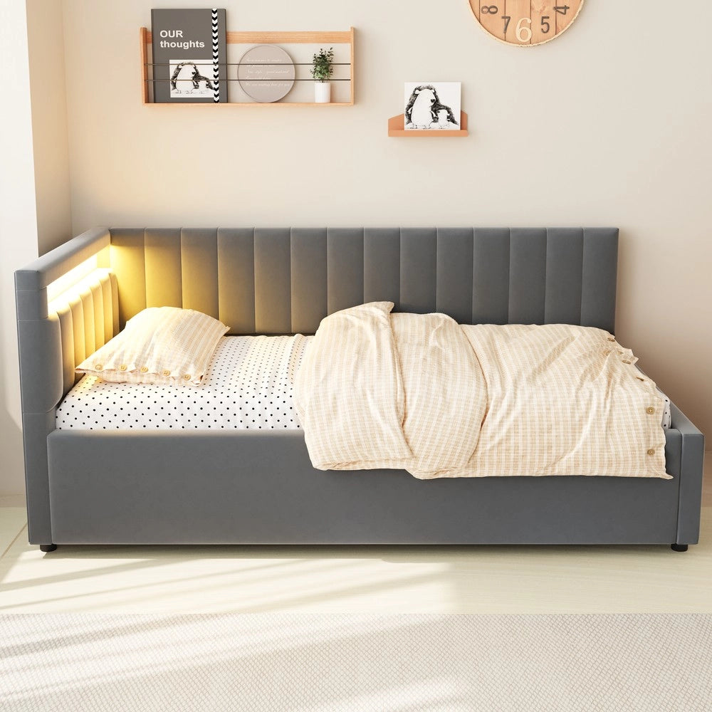 Letto Imbottito Contenitore con LED ¨C Xylo ¨C Velluto Grigio, Testiera, Rete a Doghe, 90x200