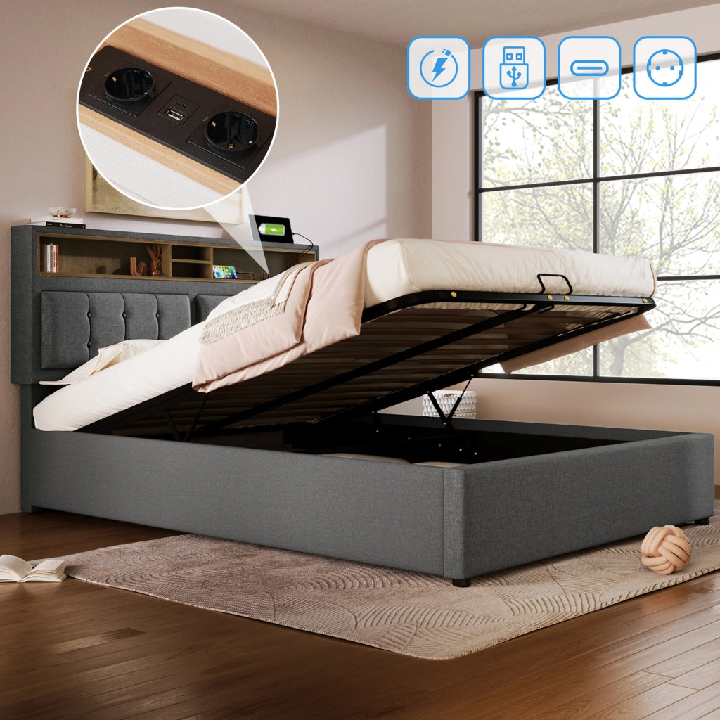 Letto contenitore 160 × 200 cm con testiera regolabile prese USB e Type C rivestito in lino grigio con materasso