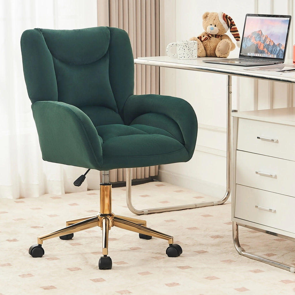 Sedia da ufficio in velluto verde con base dorata