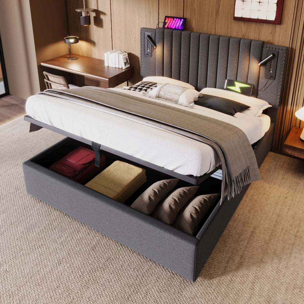 Letto matrimoniale contenitore 160 × 200 cm in cotone grigio con testiera regolabile luci USB e doghe