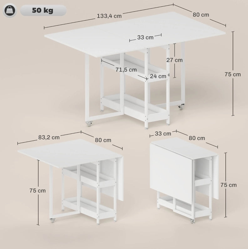 Tavolo da pranzo pieghevole bianco 133,4 x 80 x 75 cm con 2 ripiani aperti