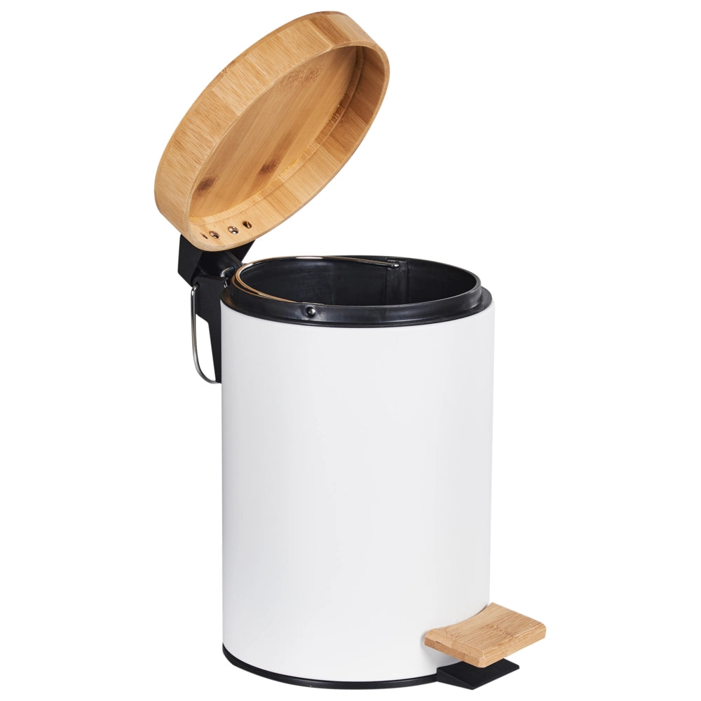 Set moderno di 2 cestini per rifiuti con pedale e coperchio per la cucina Ferro riciclabile verniciato a polvere Legno di bambù Materiale sintetico a prova di impronte digitali bianco