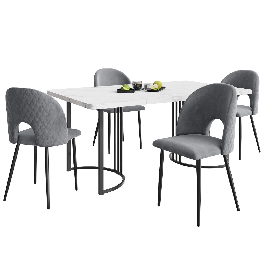 Set tavolo da pranzo 140x80 cm con 4 sedie in velluto grigio e piedini regolabili