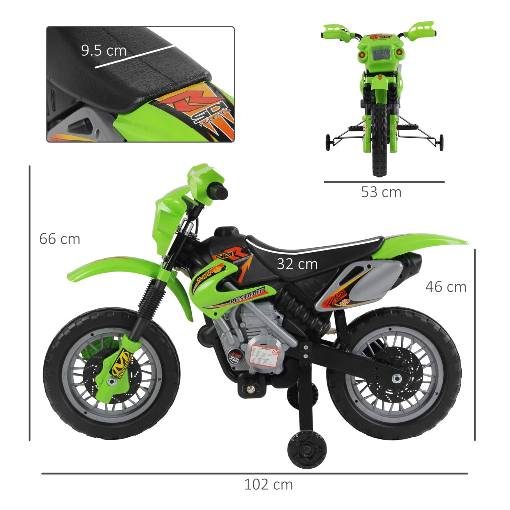 Moto Elettrica per Bambini 3 anni e Pi¨´, Moto Cross Elettrica con Rotelle, Batteria 6V Velocit¨¤ 2.5km/h, 102 x 53 x 66cm, Verde