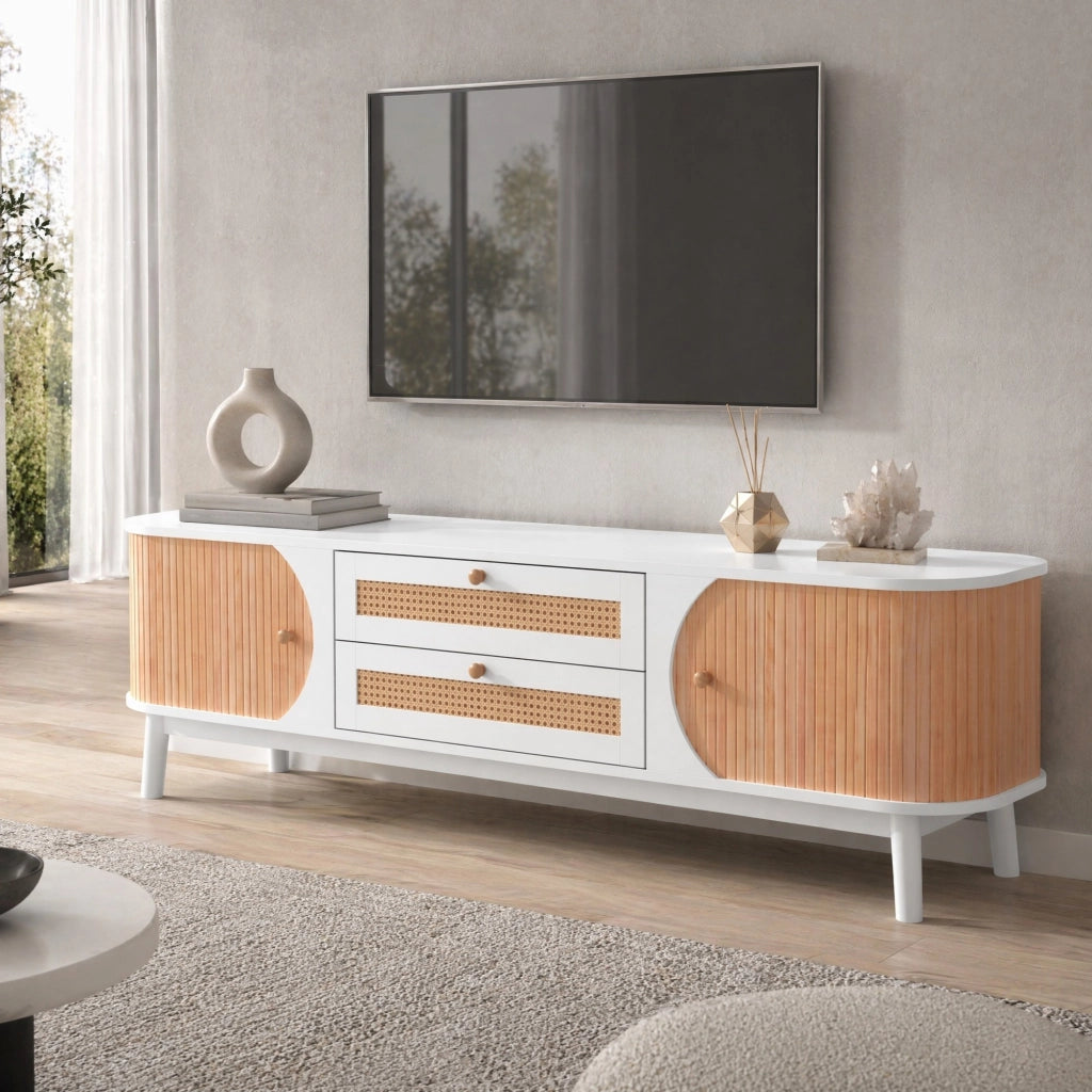 Mobile porta televisore bianco e legno con ante e cassetti intrecciati, ampio e resistente