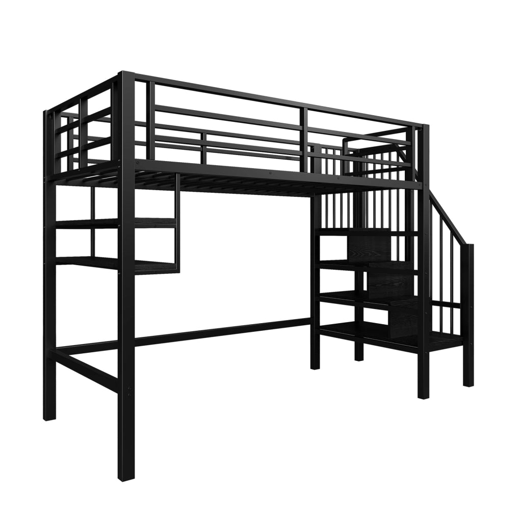 Letto a soppalco 90x200 cm con ripiani e scala contenitore in metallo e MDF nero