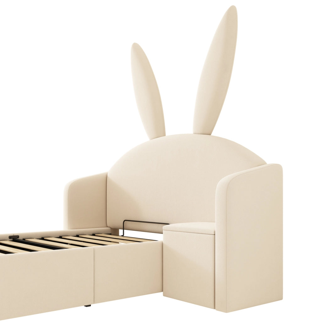Letto imbottito per bambini ULEVR 90x200 cm con contenitore idraulico, comodino montabile a sinistra o destra, beige
