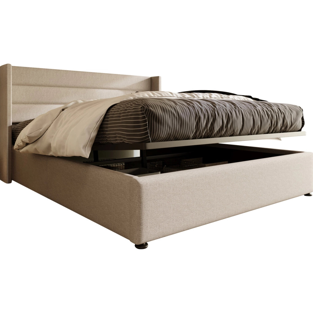 Letto matrimoniale imbottito con contenitore idraulico 140x200 cm con materasso a molle 620 pezzi e rete a doghe in legno, beige