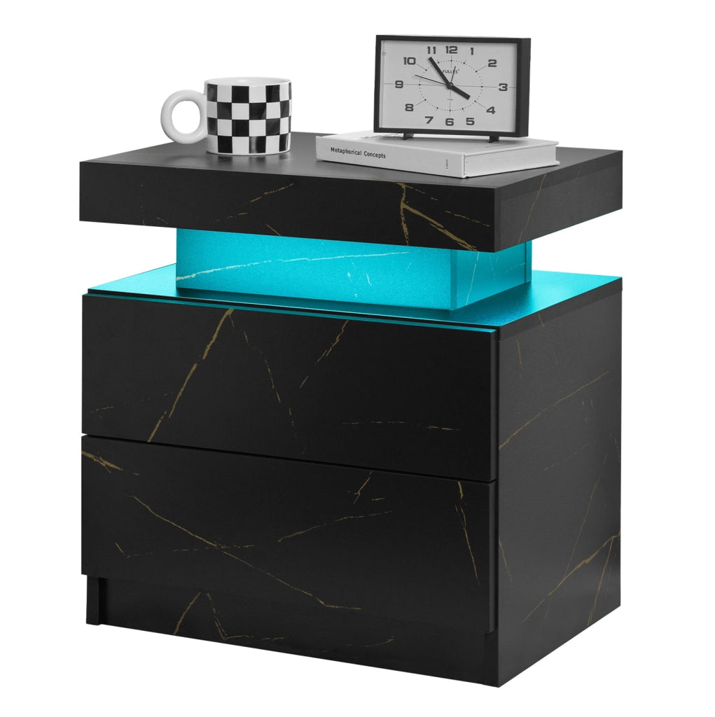 Comodino Moderno con Luci LED Regolabili e 2 Cassetti, Nero e Oro