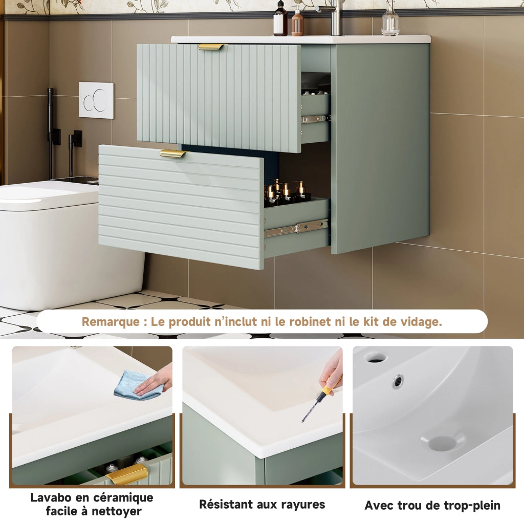Lavabo sospeso 61x46x57 cm in MDF laccato verde menta, con lavabo integrato e 2 cassetti silenziosi a struttura orizzontale e verticale