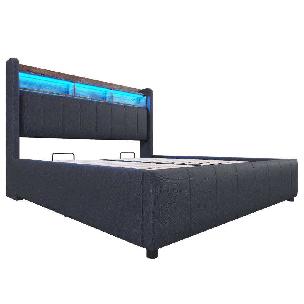 Polsterbett 140x200 cm con LED; USB e Type-C; contenitore idraulico; grigio