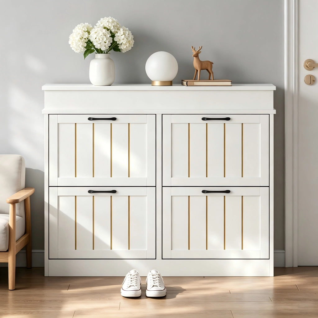 Scarpiera per ingresso con 4 ante a ribalta e 8 ripiani regolabili in MDF bianco 105 × 24 × 83 cm