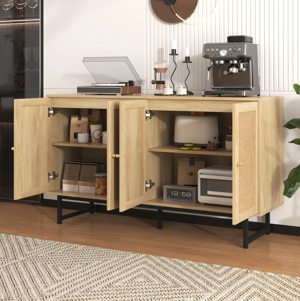 Sideboard 140x39,5x80 cm in effetto legno con intreccio in vero rattan e 4 porte