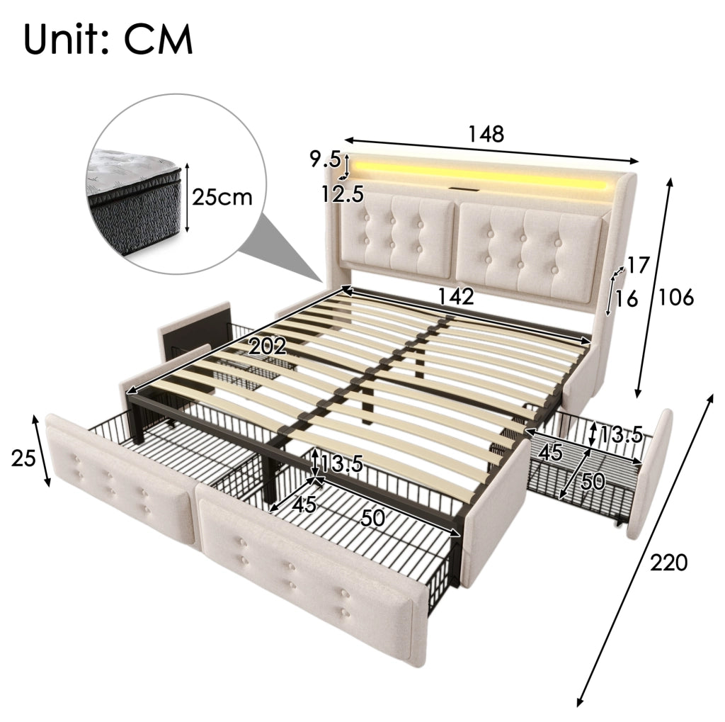 Letto matrimoniale 140x200 cm in cotone beige con LED, USB-C e 4 cassetti