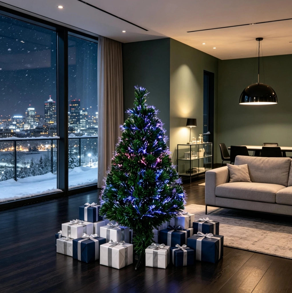 Albero di Natale artificiale illuminato con fibra ottica multicolore, 90 rami, altezza 90 cm, base stabile in plastica